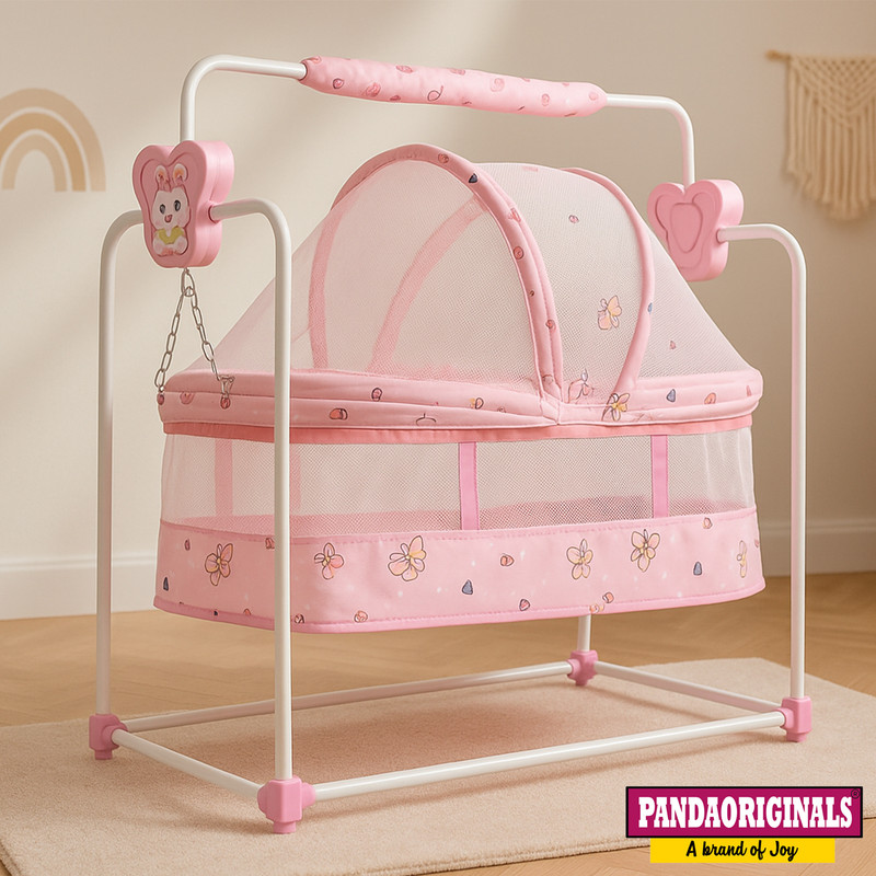 Pandaoriginals Premium Quality Butterfly Cradle with Mosquito Net and Wheels StrongSturdy Frame(Pink)