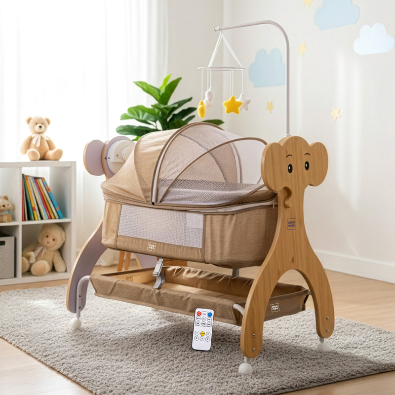 MeeMee Swinging Joy Smart Baby Cradle, Cry Sensor Electric Baby with Mosquito Net(Beige)