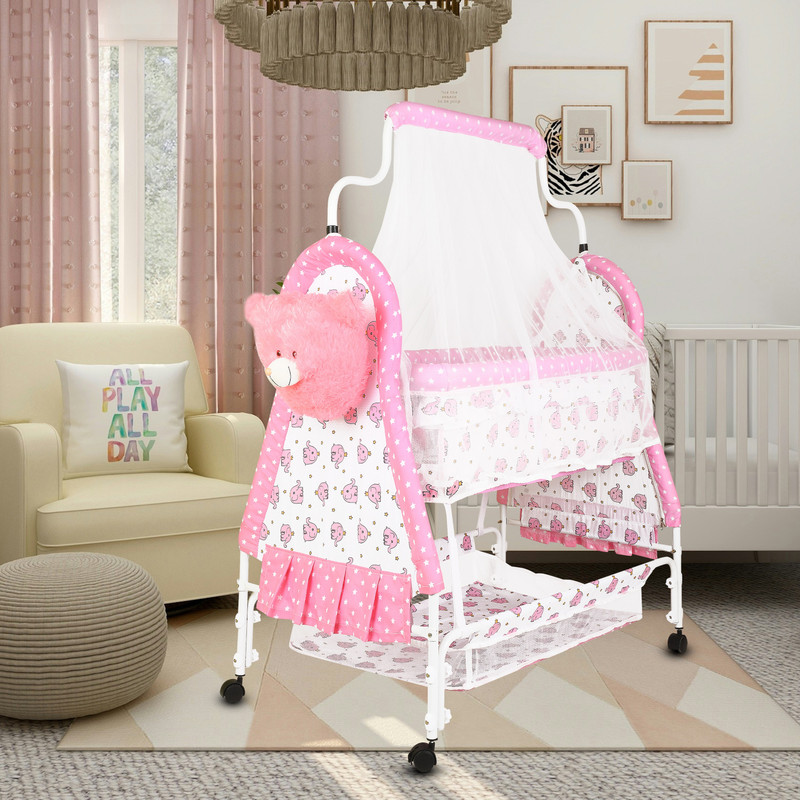 CREW4 Cradle for baby boy and girls.Cradle With Swing And Mosquito Net .(Pink, Silver)
