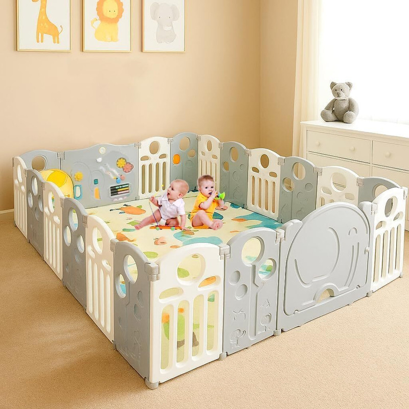 Hukimoyo 16 panel Baby playpen for kids playard play area fence with Balls, mat playard(Grey, White)