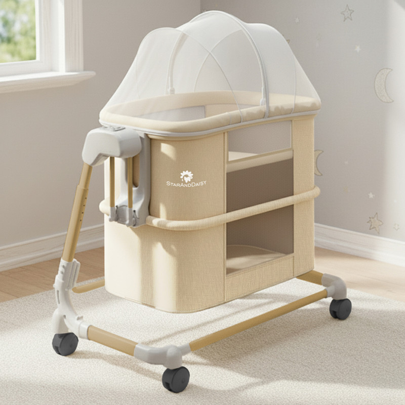 StarAndDaisy Automatic Crib for Newborn with 5-Speed Swing & Musical, Adjustable Height(Beige)