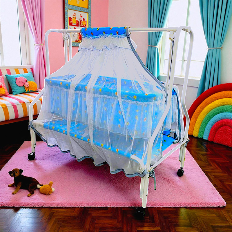 KIDDERY MAIA Premium Cradle for Infant with Mosquito Net & 4 Wheels Lock 0-8 Months Age(Blue)