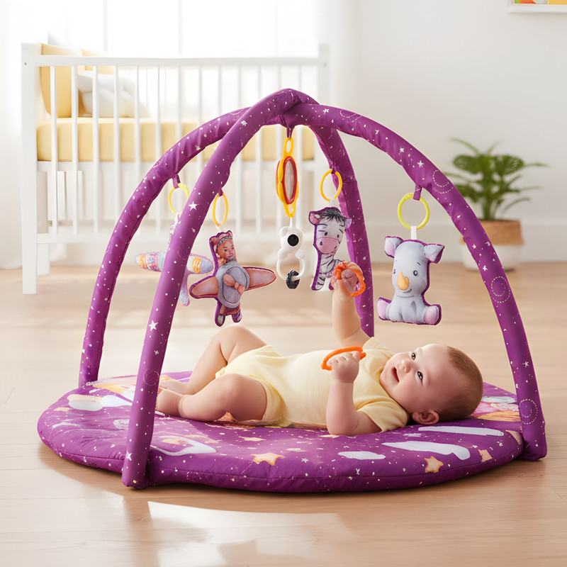 Be bright Baby Play Gym Mat for Infants | Soft Crawling Activity Mat with Hanging Toys(Brown)