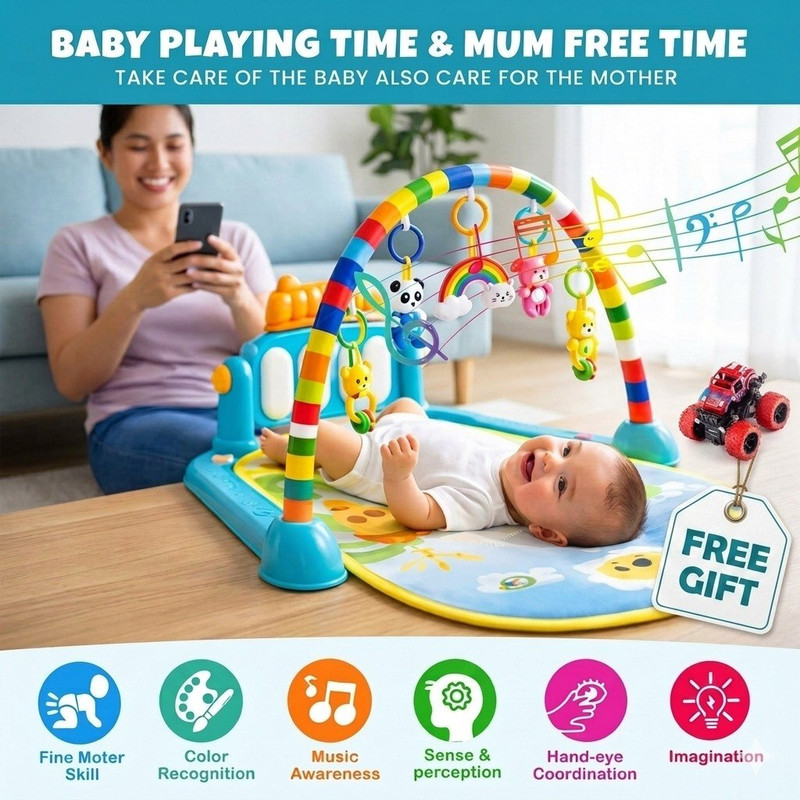 Kimio Musical Keyboard Mat Piano Gym & Fitness Rack With Free Car For New Born Baby(Multicolor)