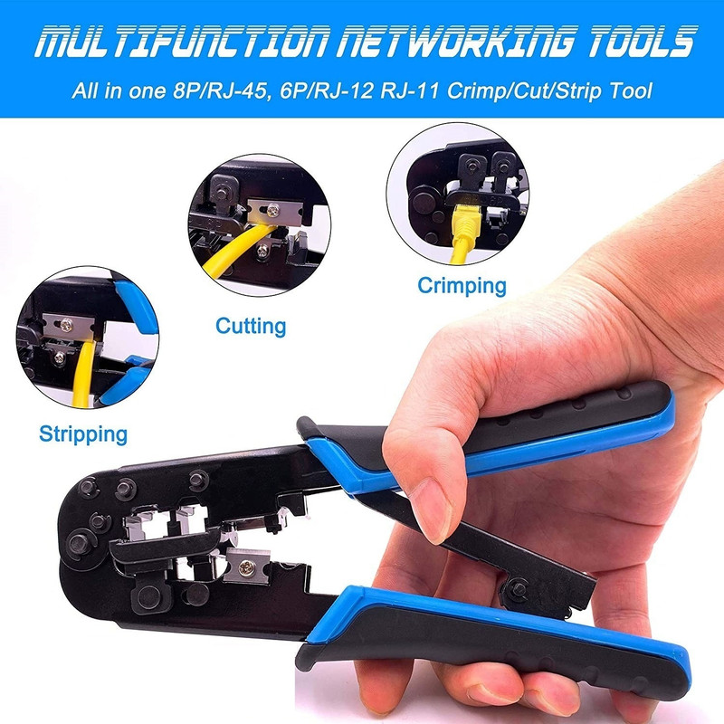 BALRAMA Heavy Dual Modular Network RJ45 RJ11 RJ12 Crimping Tool, Network Cable Cutting Combo Set(Blue, Black)