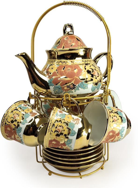 Deedecorwave Tea Set 13 Pieces Teapot with 6 Cups,6 Saucers & 1 Teapot with lid,1 Metal stand Jug Glass Tray Set(Porcelain)