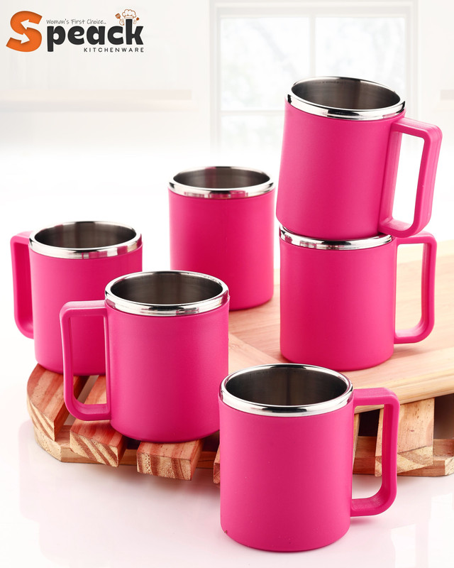 SPEACK Pack of 6 Stainless Steel Standard Tea(Pink, Cup Set)