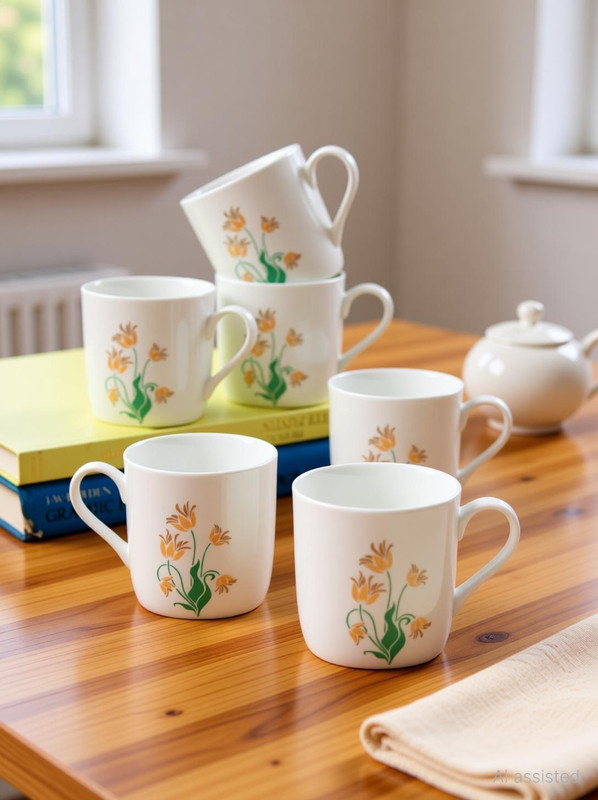 CLAY CRAFT Pack of 6 Ceramic Printed Glossy Finished, Microwave Safe Tea Cup(White, Cup Set)