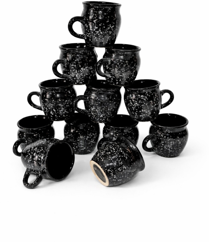 Rishabhceramic Pack of 12 Ceramic Obsidian Speckle Artisan Mugs(Black, Cup and Saucer Set)
