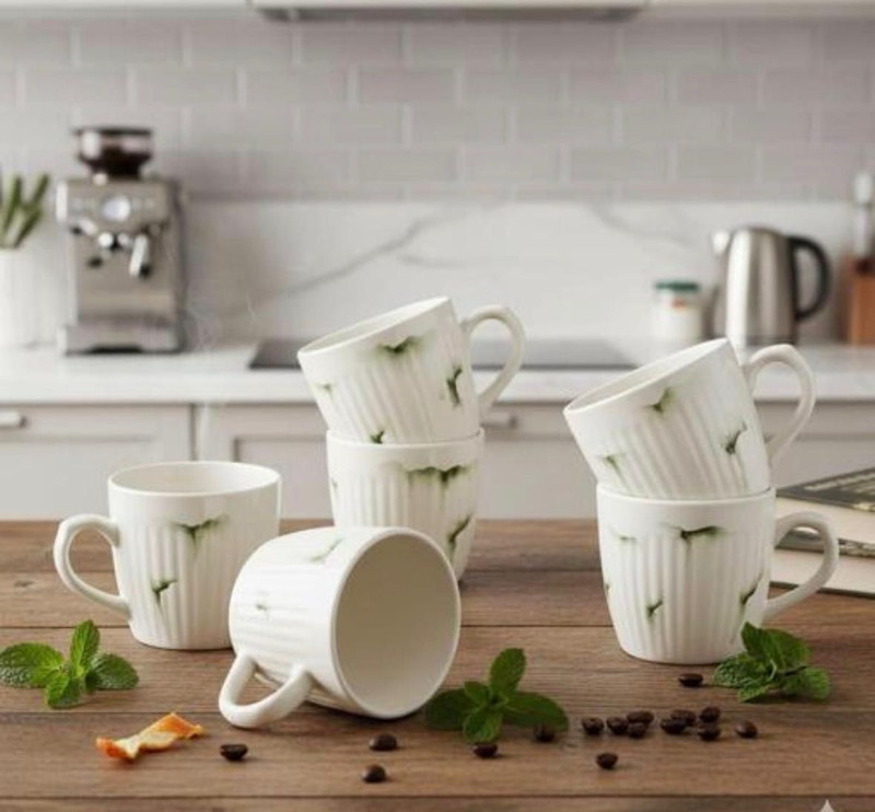 CERAMICSTUDIO Pack of 6 Ceramic All New Green Marble Design Tea Cup (Pack Of 6, White)(White, Cup Set)