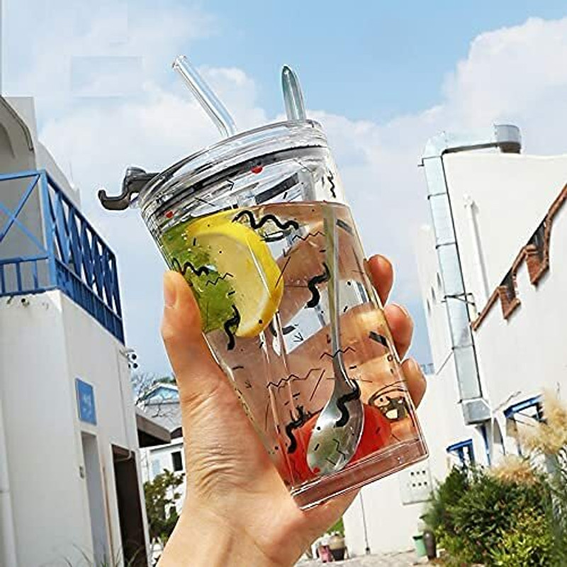 GOOD TO GREAT CREATION Pack of 1 Glass Coffee Cup Sipper Glass with Straw Mug with Straw Coffee Cup with lid Tumbler(Multicolor, Cup)