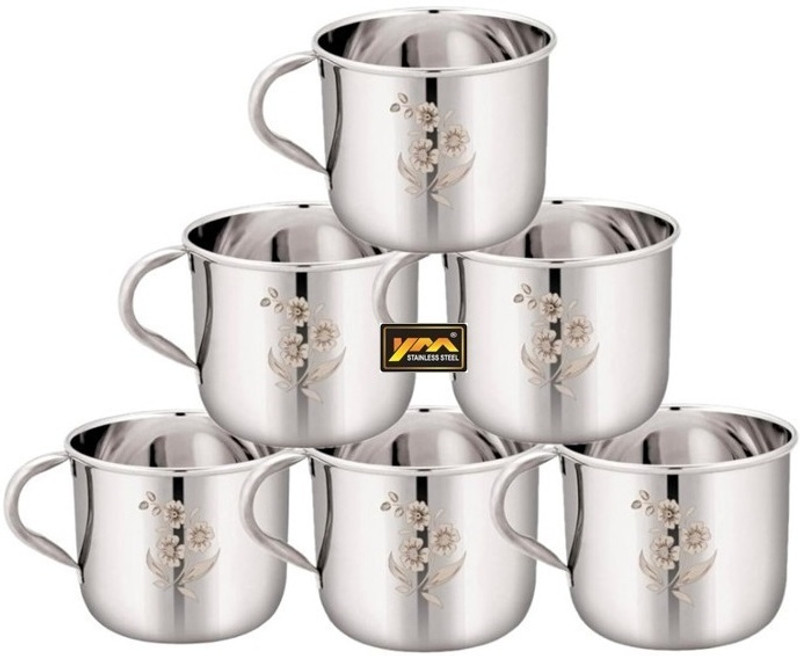 YM Stainless Steel Pack of 6 Stainless Steel Tea & Coffee Cups 140ml Floral Laser Design(Silver, Cup Set)