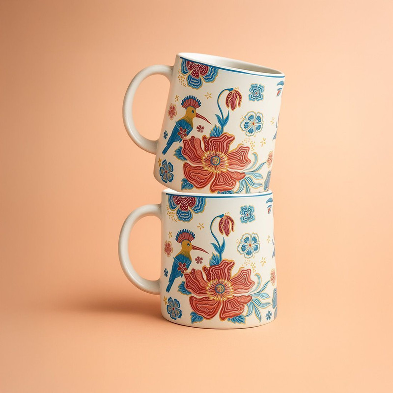 ProHome Pack of 2 Ceramic Ceramic Mug Set 350 ml, Cream Base with Multicolor Floral Print(Multicolor, Cup)