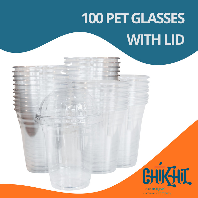 Chikhil Pack of 100 Plastic PET Glasses 250ML WITH LID(Clear, Cup)