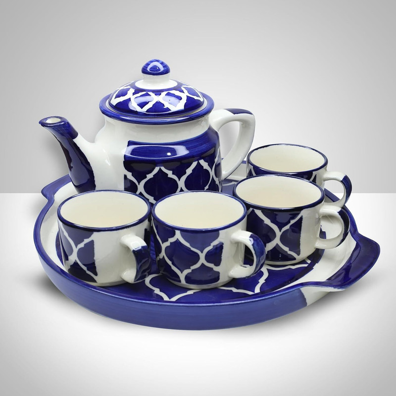 Earthystone Pack of 5 Ceramic Hand Painted Ceramic Tea Pot Kettle Set of 4 Cups 180ml Kettle 800ml and Tray(Blue, Cup and Saucer Set)