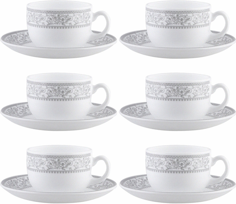 LAOPALA Pack of 12 Opalware Sovrana Persian Silver 160 ml Cup Saucer Set(White, Cup and Saucer Set)