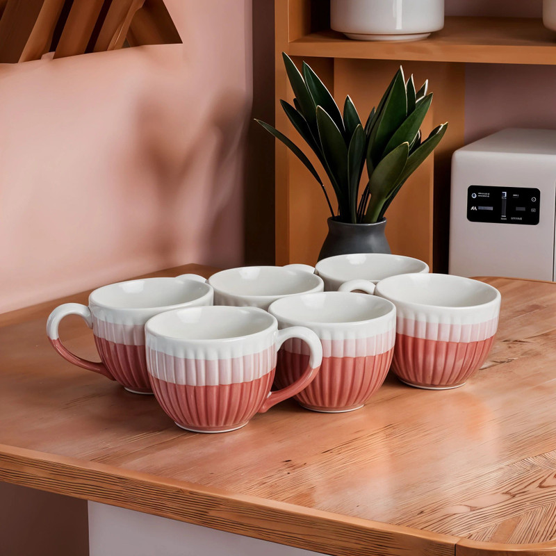 Moon Dust Pack of 6 Stoneware, Ceramic Glam Pink(Pink, White, Cup Set)