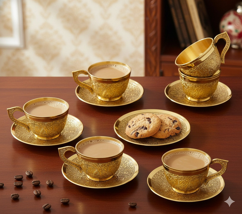 OSRENTERPRISESx Pack of 6 Brass, Gold Plated Royal Antique Gold Tea Set(Gold, Cup and Saucer Set)