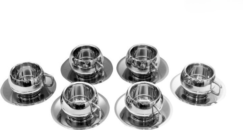 STOREeASY Pack of 6 Stainless Steel DB-SAUCER-004(Steel, Silver, Cup and Saucer Set)