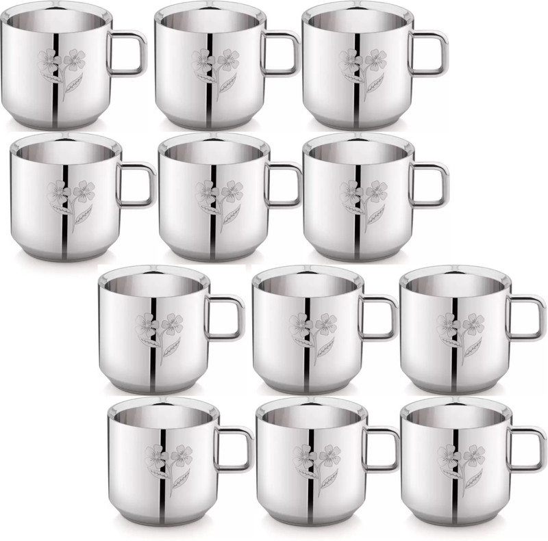 LIMETRO STEEL Pack of 12 Stainless Steel Laser Print Tea,Coffee(Silver, Cup Set)