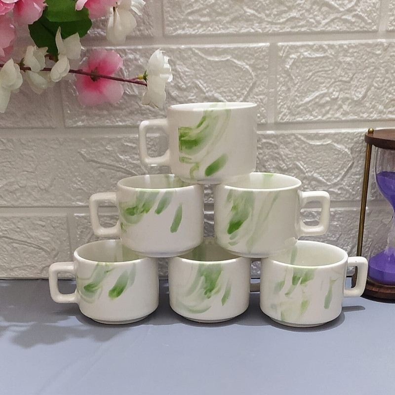 maalaxmi store Pack of 6 Ceramic HOTEL TEA CUP SET WITH GREEN DESIHN HOTEL(White, Cup Set)