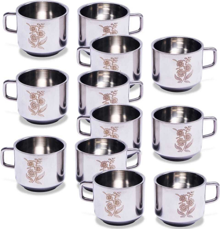 SCG Pack of 12 Stainless Steel Double Wall Floral Laser Printed Tea and Coffee Cup Set 100ml Each(Silver, Cup Set)