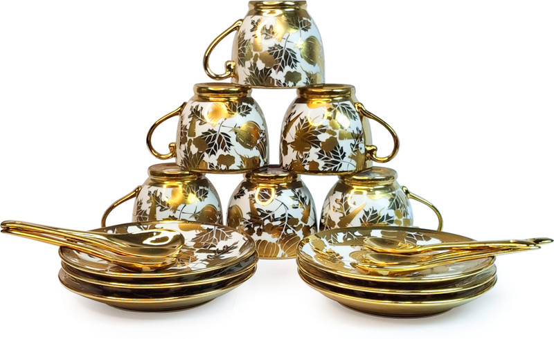 DEEPTECH EXPERTISE Pack of 18 Ceramic Premium Tea Set| 6 Cups, 6 Saucers, 6 Spoon Ceramic -Tea Set(Gold, Cup and Saucer Set)