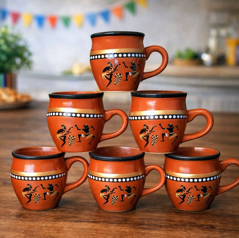 SUPREMECUTLERY Ceramic Warli Art Terracotta Tea/Coffee Cup Set (120 ML, Set of 6)(Multicolor, Cup Set)