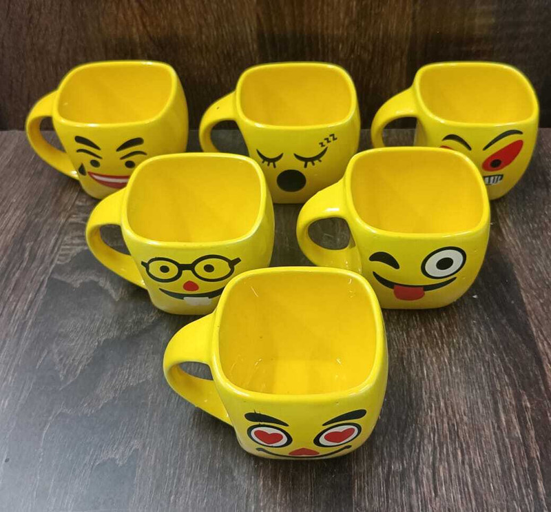 love unlimited Pack of 6 Bone China scqure smiley shushil-03/Office/Gifts, 140 ML(Yellow, Cup Set)