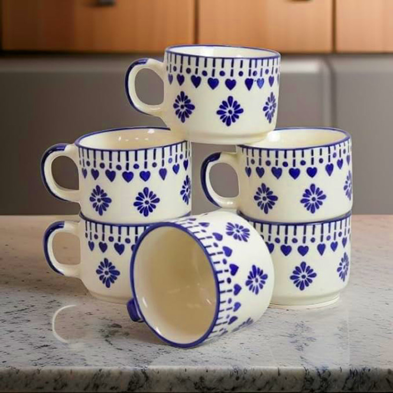 Saras Aajeevika Pack of 6 Ceramic Blue Flower Design Khurja Pottery Murli Cup(Multicolor, Cup Set)