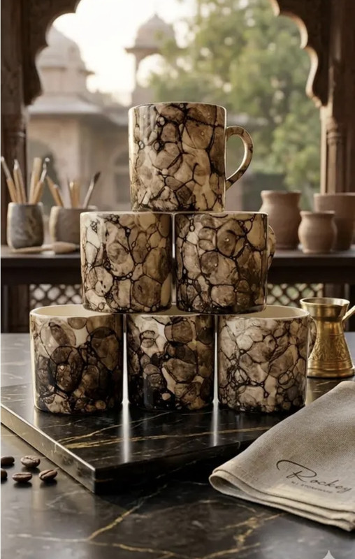 Ankitceramics Pack of 6 Ceramic Exclusive cup pack of 6 Full Print Cups Black Buble Design(Black, Cup Set)