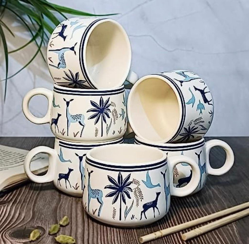 CERAMICZONE Ceramic Coffee & Tea Cups with Modern Art Work of Alive Deer Print, Set of 6(White, Cup Set)