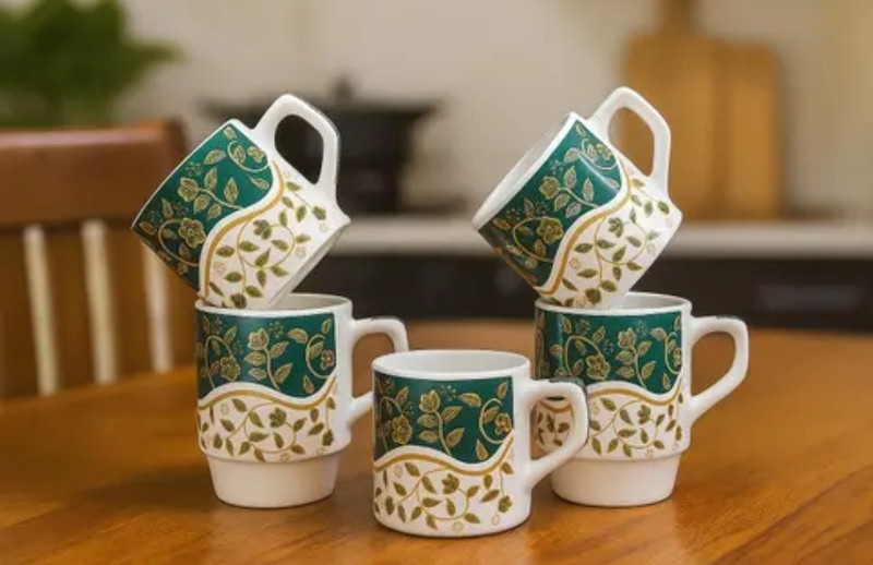 OriginalCeramics Pack of 6 Ceramic Green Flora Printing Tea Cups(Green, Cup Set)