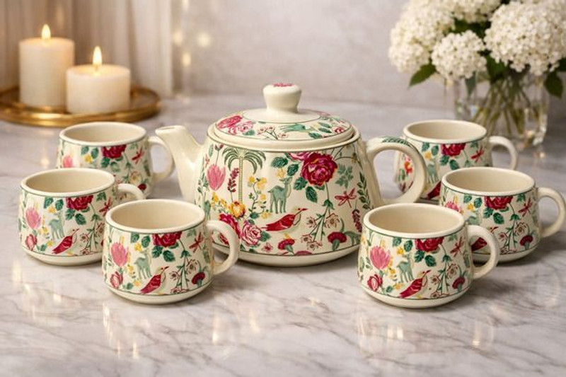 THECREATIVECLAY Pack of 7 Ceramic Handcrafted Elegant Ceramic Teapot Set - 1 Litre Kettle with 6 Cups (160ml)(Multicolor, Cup Set)