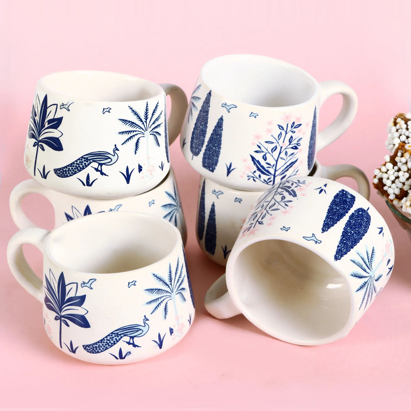 Moon Dust Pack of 6 Bone China(White, Blue, Cup Set)