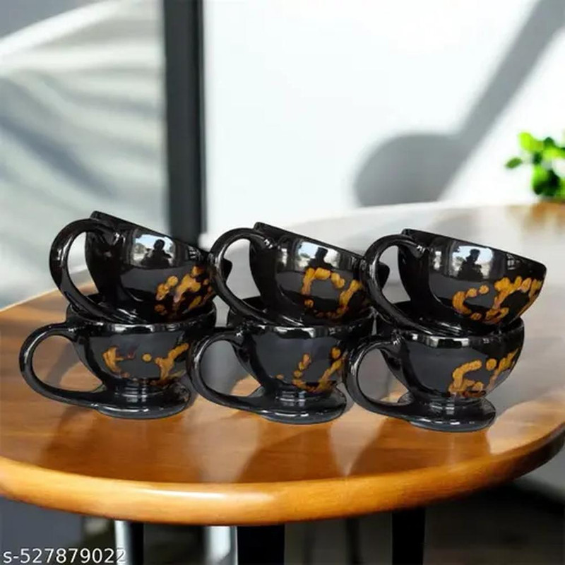Maya Industries Pack of 6 Ceramic Beautiful Black Set of 6 Ceramic Tea/Coffee/Milk Cups (150ml) Black-Brown)(Black, Brown, Cup Set)