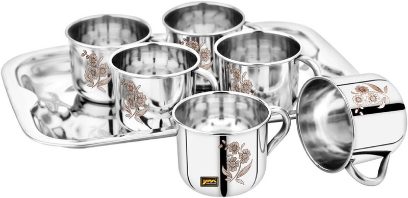 YM Stainless Pack of 7 Stainless Steel 6 PCs Tea Cups with Tray 140ml Laser Design(Silver, Cup Set)