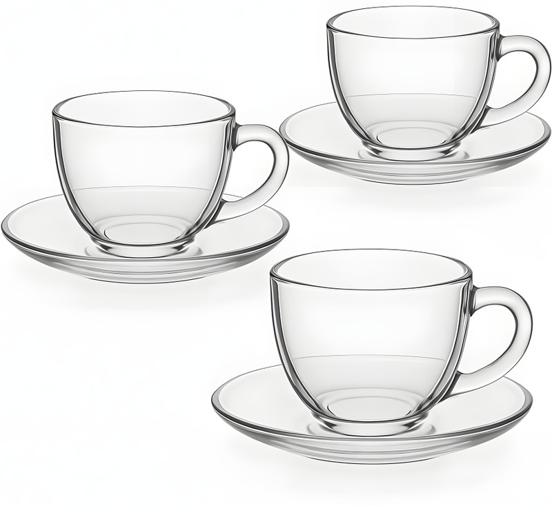 Dekeanshka Pack of 3 Glass Roma Glass Tea Cup & Saucer Set, Clear Cups, 180 ml Capacity (Set of 3- Cup 3 & Saucer 3)(Clear, Cup and Saucer Set)