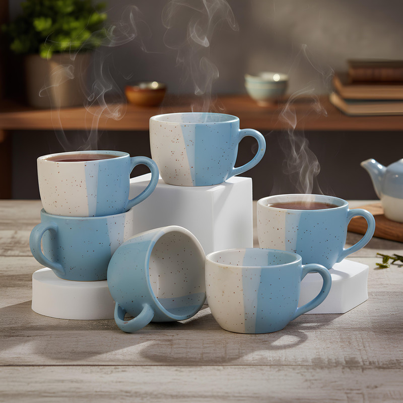 Trisha Pack of 6 Ceramic Premium Cappuccino & Coffee Cup – 180 ml | Elegant White & Blue(White, Blue, Cup Set)