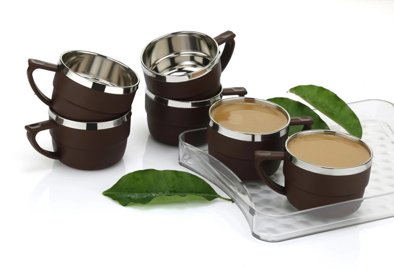 HAPPI Pack of 6 Stainless Steel, Plastic Tea Cups Set Coffee Mug Insulated Stainless Steel Inner Stylist Double Wall Cup(Brown, Cup Set)