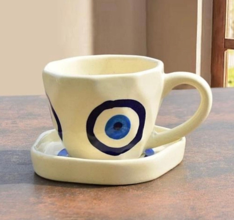 OriginalCeramics Pack of 2 Ceramic Exclusive Evil Eye Printed Cup and Saucer(White, Cup and Saucer)