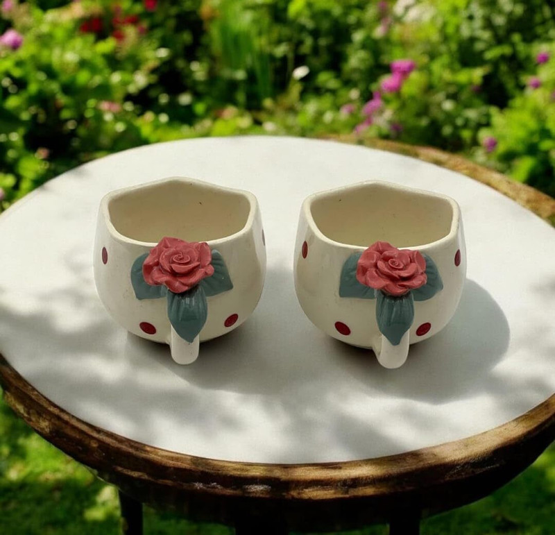 Earthystone Pack of 2 Ceramic Handmade & Handcrafted Polka Dot 3D Rose Ceramic Mug Cute Coffee & Tea Mug250 ML(White, Cup and Saucer Set)