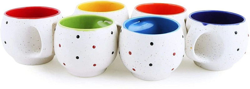 Vish Pack of 6 Bone China, Ceramic Stylish Ceramic Handcrafted White Pari Dot Printed Microwave Safe Tea Cup/Coffee Cup Set Ideal Best Gift for Friends, Home, Office use, Kitchen Cup Set (Set of 6, 130 ML)(Multicolor, Cup Set)