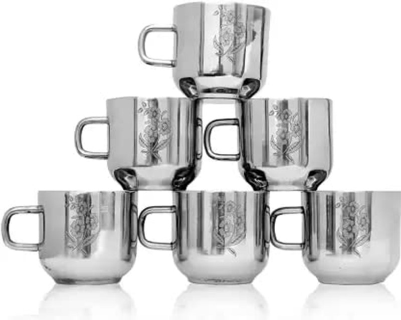 IDEAL PRIME Pack of 6 Stainless Steel Double Wall Stainless Steel Cup Set (6 Pices) 80 ml Each With Laser Print(Silver, Cup Set)