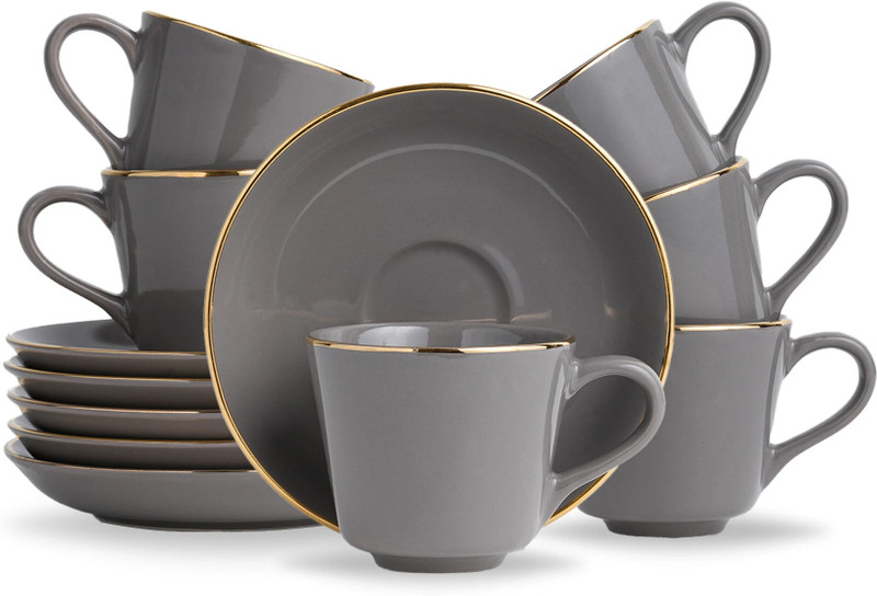 Shay Pack of 6 Ceramic Tea Cup Saucer Set of 6, Teal Gold with Real 24K Gold Line, 180ml(Green, Cup and Saucer Set)