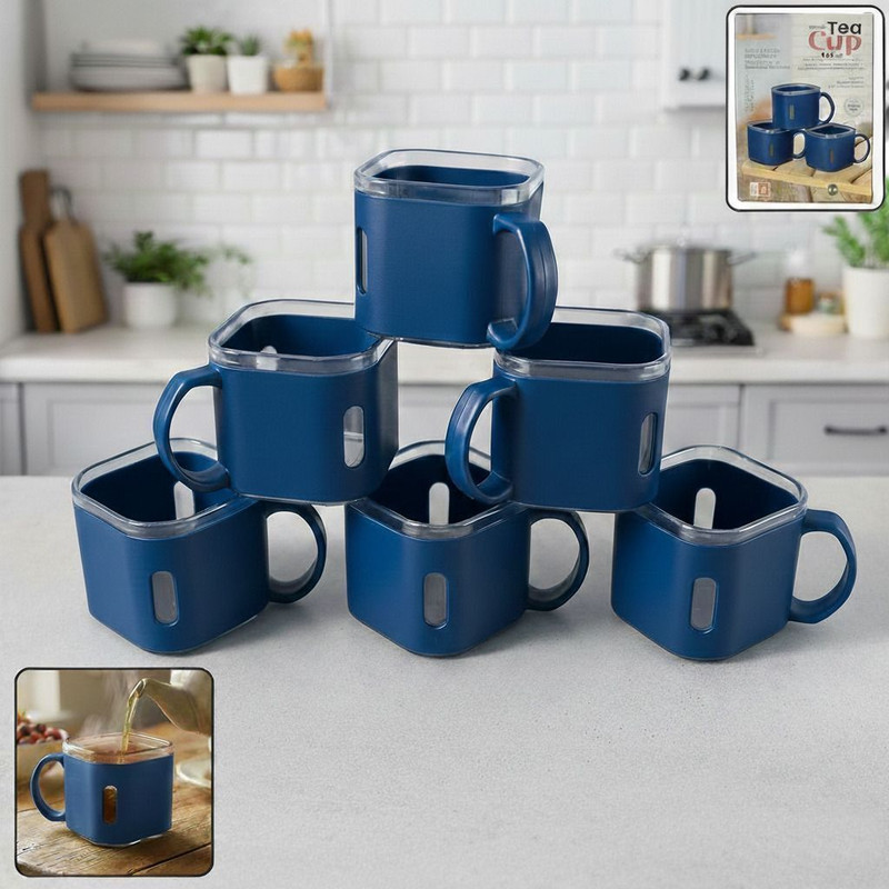 DeoDap Pack of 6 Plastic Premium Square Shape Tea Cup Set | Lightweight Tea Cups | Tea & Cofee Cups 150ML(Blue, Cup Set)