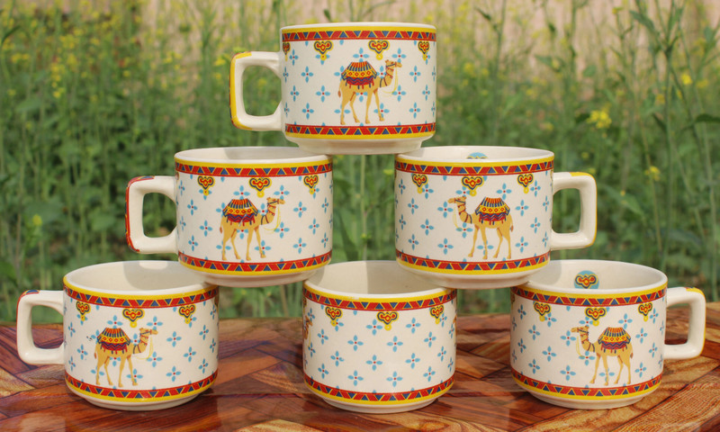 laghima jadon Pack of 6 Ceramic Cup Tea/Coffee Hotel Cup Desert Camil Beautiful Crafting Design Mat Finish 130ML(Multicolor, Cup Set)