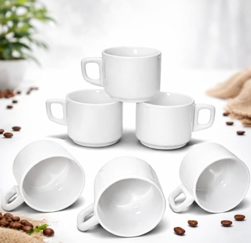 karan crafts Pack of 6 Ceramic Ceramic Coffee and Tea Cups(Off White, Cup Set)