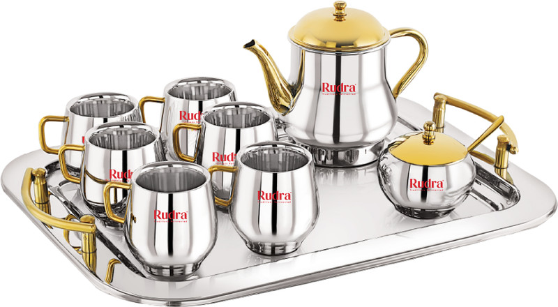 Rudra SS Pack of 1 Stainless Steel Tea Set Particulars Gold(Gold, Silver, Cup and Saucer Set)