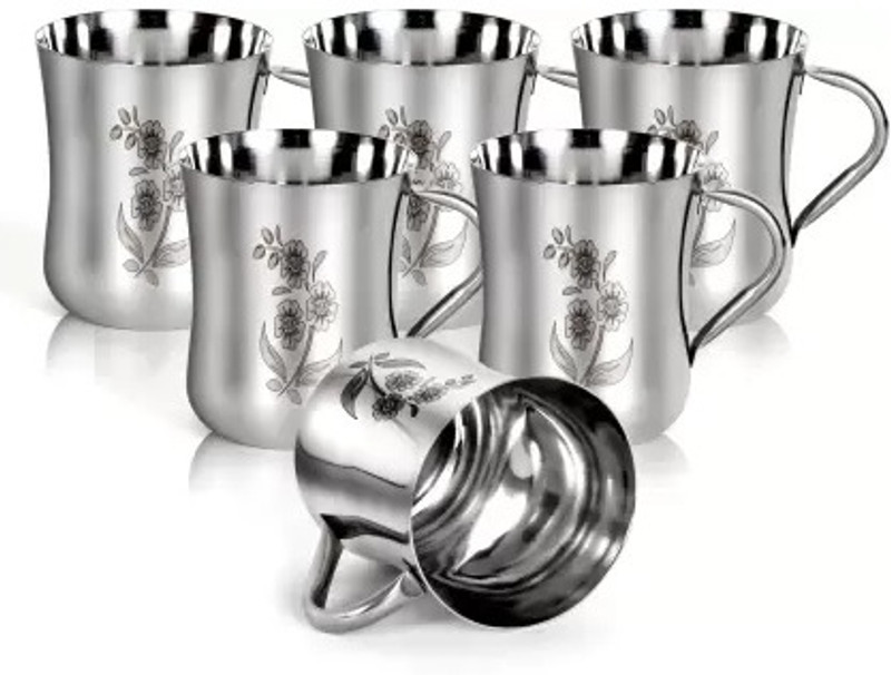 BHAVDEEP Pack of 6 Steel Floral Design Steel cups pck of 6_15(Silver, Cup)